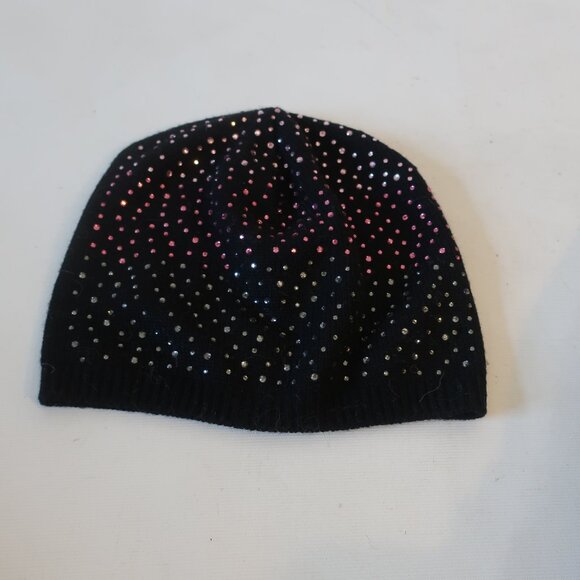 Women Carolyn Rowan Black Extrafine Merino Wool Rainbow Crystal Beanie Hat OS - Picture 2 of 5
